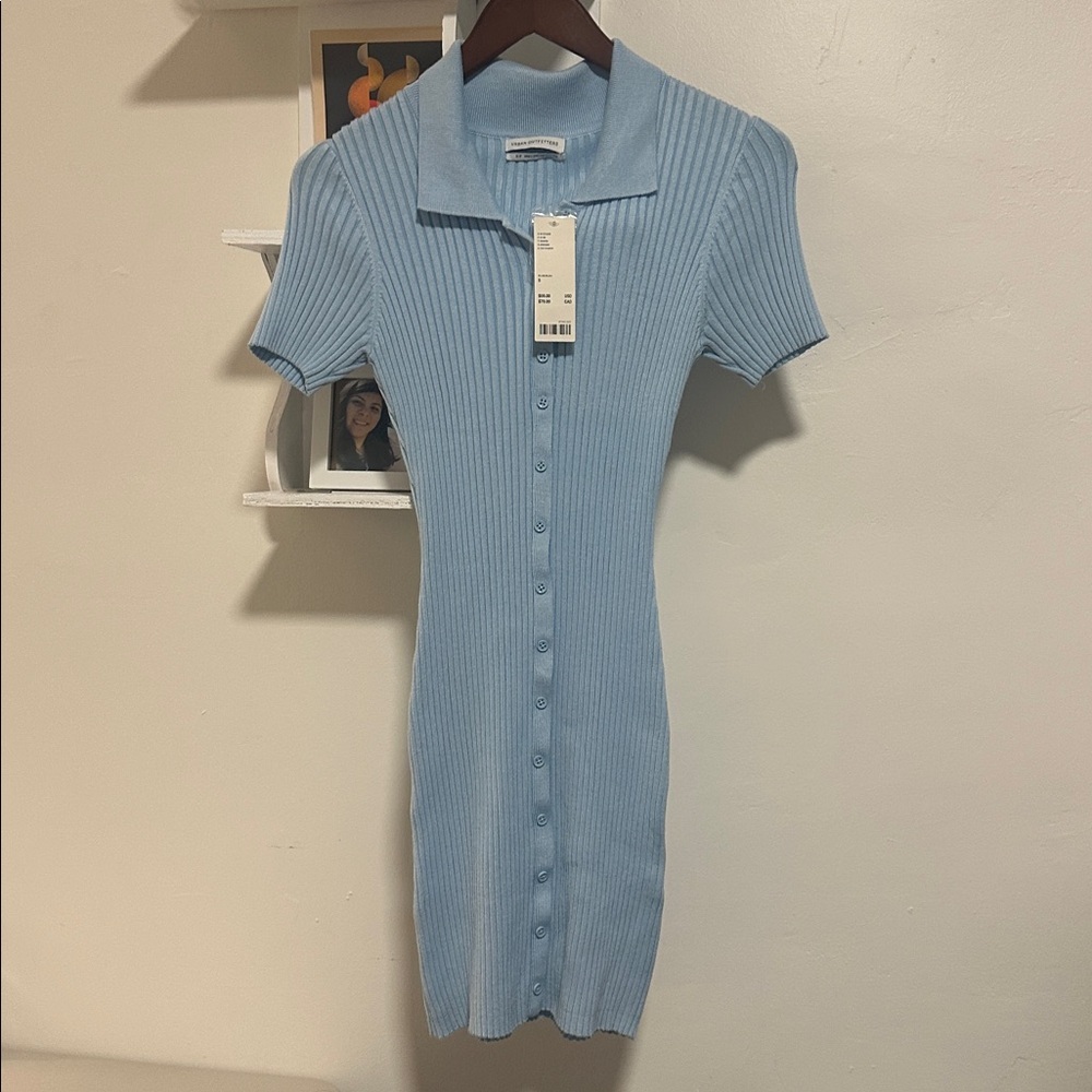 NWT Urban Outfitters turquoise/Blue Ribbed Mini Polo Dress - Picture 2 of 5